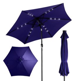 9ft Solar LED Patio Umbrella With Push Button Tilt & Crank, 6 Ribs Waterproof Polyester Outdoor Market Table Umbrella For Garden Backyard Pool, Navy B