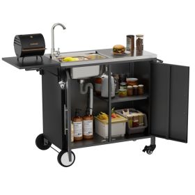 Outdoor Grill Table With Sink, Metal Worktable Kitchen Cabinet Island With Foldable Top And Storage Cabinet, Rolling Grill Cart With Wheels For Garden