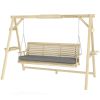 3 Seat Wooden Porch Swing with Stand, Patio Swing with Cushion, for Garden, Poolside, Backyard, Natural Wood