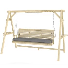 3 Seat Wooden Porch Swing with Stand, Patio Swing with Cushion, for Garden, Poolside, Backyard, Natural Wood