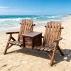 Rustic Brown Double Wooden Chair with Ice Bucket Outdoor Loveseat High Backrest Smooth Armrest for Garden Patio Furniture