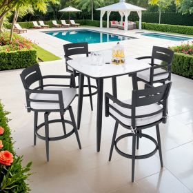 Modern 5PC Outdoor Patio Bar Set,Rounded Square Sintered Stone Table & 4 Swivel Bar Chairs,Non-Rust Aluminum Frame,Ember Black, Marble-Inspired Top