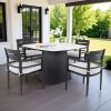 5-Piece Outdoor Pedestal Dining Set, 44" Rounded Square Sintered Stone Table with Flared Base and 4 Armchairs, Sunbrella Cushions, Rust-Free Aluminum