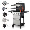 3-Burner Propane Gas BBQ Grill, SS Plancha, 36900BTU Output With Wire Enamel Cooking Grids For Outdoor Barbecue, Foldable Side Table, Hanging Basket