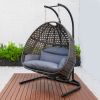 2 Person Swing Chair Wicker Hanging Double-Seat Swing Chair with Stand w/Dust Blue Cushion (Black+dustblue)