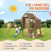 Wooden Swing Set, 9 IN 1 Outdoor Playground Sets for Backyards, 2 Swings, Trapeze Bar, 6 FT Slide, Large Upper Fort with Kitchen Toys
