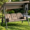 3-Seat Outdoor Patio Swing Chair Porch Glider with Adjustable Canopy Removable Cushion Pillows Side Trays for Garden Poolside Backyard Brown