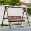 3 Seat Wooden Porch Swing with Stand, Patio Swing with Cushion, for Garden, Poolside, Backyard, Carbonized Brown