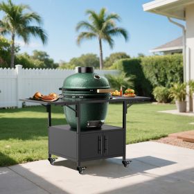 Outdoor Grill Table For Big Green Egg Style BBQ, Metal Grill Cart With 2 Folding Panels, Compatible With Up To Large Green Egg, Kamado Joe Jr