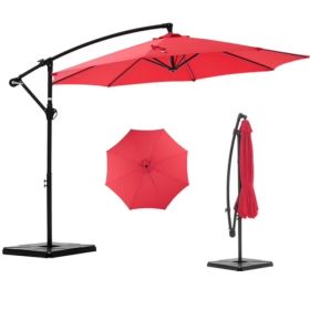 10ft Offset Hanging Outdoor Patio Umbrella With Base Stand Rotate And Tilt, 8 Ribs, UV Protection For Pool Garden Backyard Market, Red  Shipment From