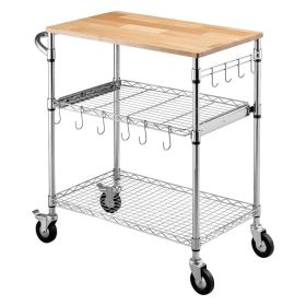 Kitchen Utility Cart, 3 Tier Heavy Duty Adjustable Wire Storage Rack With Wood Tabletop And Handle Bar, Rolling Portable Service Trolley On Wheels, 66