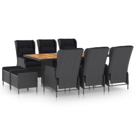 9 Piece Patio Dining Set with Cushions Poly Rattan Dark Gray (Color: Grey)